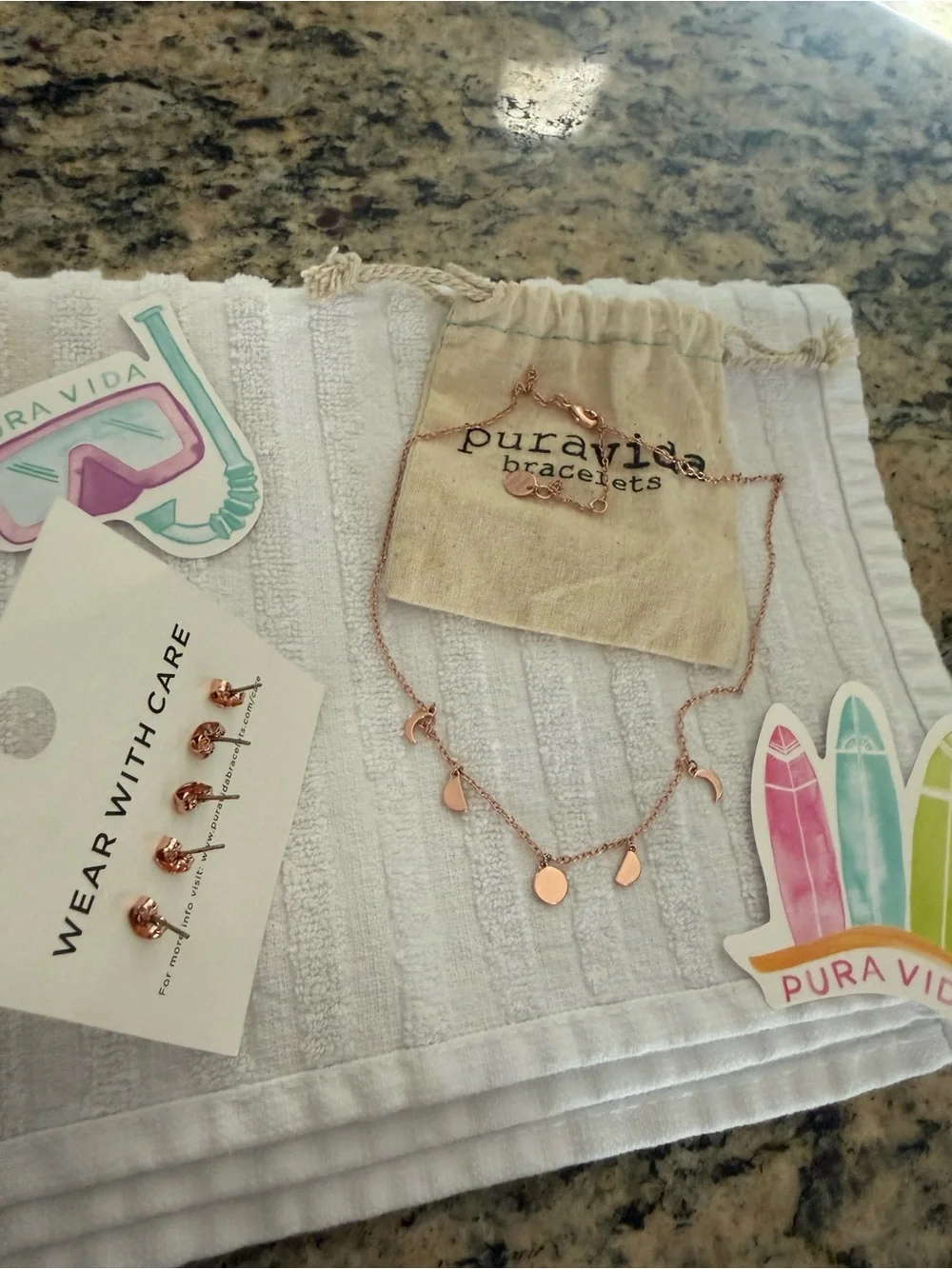 Pura Vida Rose Gold Charm Necklace with Stud Earrings